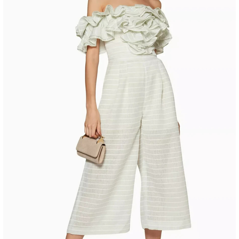 Acler Ruffled Off Shoulder Jumpsuit Size 2 Mint Green Pockets Cropped Wide Leg